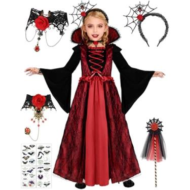 Imagem de Conjunto de fantasia de vampiro para meninas, vestido de Halloween com gargantilha, faixa de cabeça, varinha, fantasia de vampiro para crianças de 4 a 12 anos