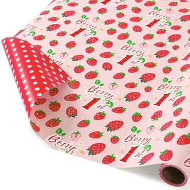 Imagem de WERNNSAI Papel de embrulho de primeiro aniversário Berry – 1 rolo de 43 cm x 5 m de papel de embrulho de morango rosa doce para embalagem de aniversário, lembrancinhas de festa de chá de bebê, design
