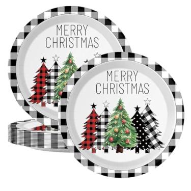 Imagem de 24 peças de pratos de papel de Natal redondos de 17,8 cm de árvore de Natal com design xadrez de búfalo, pratos de jantar descartáveis para festas de fim de ano, jantar de Natal, Ação de Graças