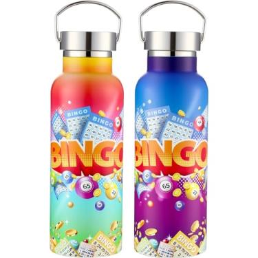 Imagem de Geiserailie Pacote com 2 copos de bingo garrafa de água de aço inoxidável de 500 ml, garrafa isolada de parede dupla com alça e tampa à prova de vazamento, prêmios de bingo presentes para adultos