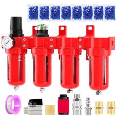 Imagem de BOGERDACK Sistema de secagem de ar de alumínio de 4 estágios de grau industrial, NPT de 3/8 polegadas, 0-150 PSI, secador de dessecante duplo, regulador de ar, filtro de partículas e filtro