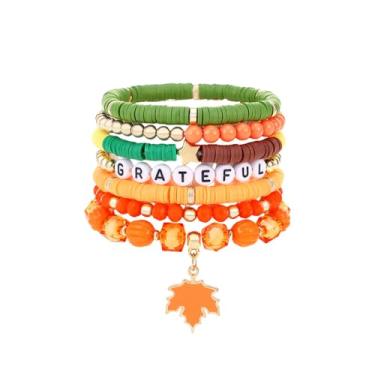 Imagem de NewZenro Pulseiras elásticas Mapel Leave Charm Cute Gold Plated Heishi Clay Yellow Orange Crystal Beaded Layering Stackable Bangle Fashion Jewelry for Thanksgiving Mom Bff Autumn Holiday Party