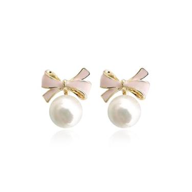 Imagem de Brincos de laço femininos com pingente de pérola rosa com pingente de coração, brincos grandes de Natal, bijuterias, presentes, Large, Zinco, Sem pedra preciosa