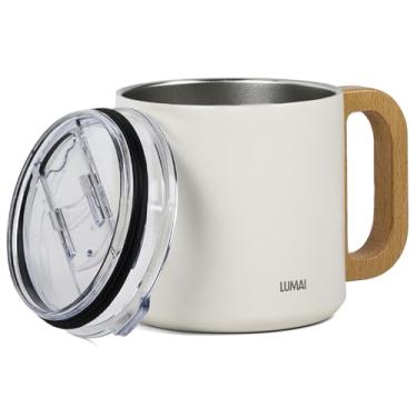 Imagem de Caneca Térmica Branca LUMAI 350ml com Cabo Alça de Madeira – Aço Inox 304 de Parede Dupla, Tampa Acrílica Antivazamento, Mantém Temperatura por Horas – Ideal para Café, Chá e Bebidas Quentes e Frias