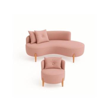 Imagem de Conjunto 01 Poltrona + Sofá Curvo Orgânico Luna Veludo Rosê - Montanar