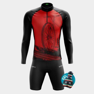 Imagem de Conjunto de Ciclismo Masculino - Camisa Bike Roda Vermelha Manga Longa
