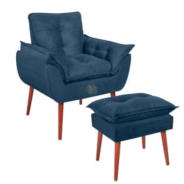 Imagem de Vit Decor Kit Poltrona e Puff Conforto Retrô - Poltrona de Acento Design Curvo com Almofadas Soltas e Puff Quadrado Capitonê Pés Palito de Madeira para Sala de Estar, Leitura e Quarto (Azul marinho)