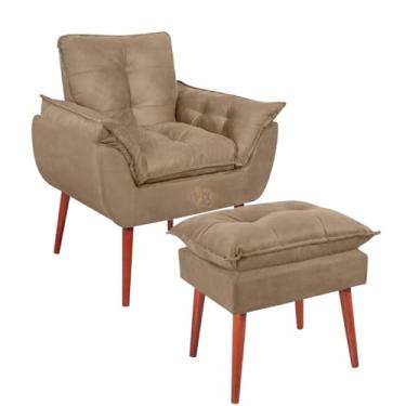 Imagem de Vit Decor Kit Poltrona e Puff Conforto Retrô - Poltrona de Acento Design Curvo com Almofadas Soltas e Puff Quadrado Capitonê Pés Palito de Madeira para Sala de Estar, Leitura e Quarto (Capuccino)