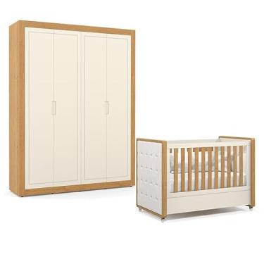 Imagem de Berço Americano com Capitonê New Boucle e Guarda Roupa Tutto New 4 Portas Freijó Off White - Matic