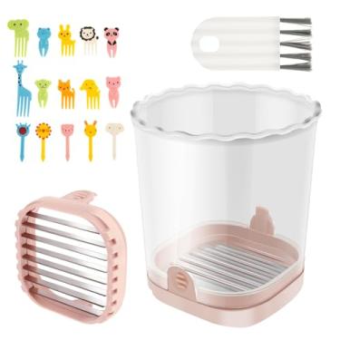 Imagem de Copo para fatiar frutas, cortador de banana, cortador de banana portátil, multiuso, removível, cortador de frutas criativo com placa de pressão para morango, banana, manga, abacaxi, cogumelo (rosa)