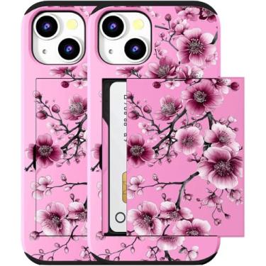 Imagem de MUQR Capa compatível com iPhone 15 com porta-cartão fofo - Design Kawaii, proteção contra quedas de nível militar, capa carteira robusta para mulheres (flor de cerejeira rosa)