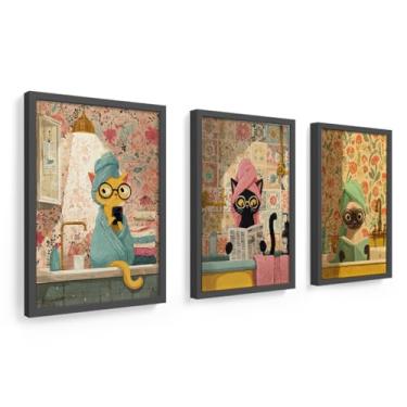 Imagem de Kit 3 Quadros 18x24 cm Gatos Banheiro, lavabo, Moldura Vidro (Preto)