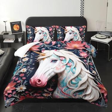 Imagem de lneffble Conjunto de edredom casal com flor de unicórnio branco e rosa para meninas, crianças, tamanho casal
