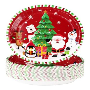 Imagem de 50 peças de pratos ovais de Natal, 25,4 x 30,5 cm, grandes, descartáveis, 400 g/m², resistentes, desenho animado, pinguim, rena, boneco de neve, sobremesa, decorações de feliz Natal, aniversário, para