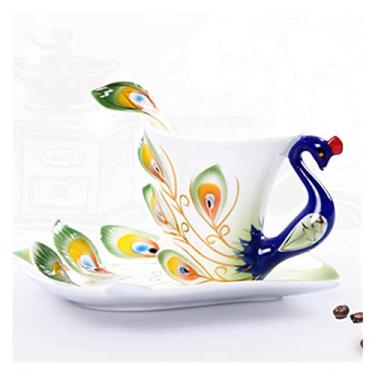 Imagem de Caneca de café de cerâmica estilo europeu feito à mão porcelana esmaltada pavão conjunto de xícara de café com pires e colher xícara de água de chá de cerâmica (cor: azul, tamanho: 230ml) (Bianco