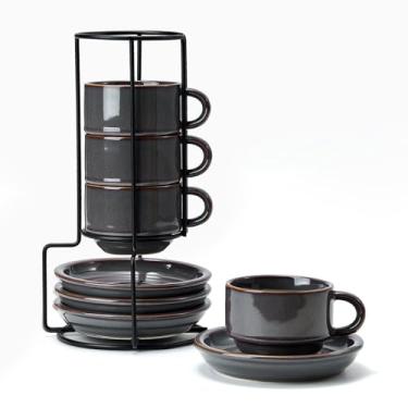 Imagem de JIEMEI HOME Copos de cappuccino empilháveis de porcelana com pires e suporte de metal, xícaras de café expresso de 200 ml para café com leite, bebidas especiais de café, cappuccino e chá - Conjunto de