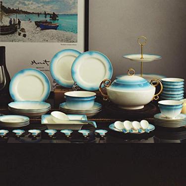 Imagem de Pratos de jantar, utensílios de mesa de cerâmica clássicos, conjunto de jantar de cerâmica, 58 peças de louça estilo europeu Bone China | Prato de sobremesa de porcelana gradiente azul e tigelas de