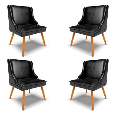 Imagem de Kit 4 Cadeiras Decorativas Sala de Jantar Pés Palito de Madeira Firenze PU Preto Brilho/Natural G19 - Gran Belo