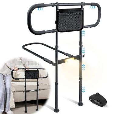 Imagem de AMOVO Trilhos de cama para idosos adultos trilhos de proteção de cama de segurança para idosos com alça estendida trilho de assistência de cama com bolsa de armazenamento de luz de sensor, suporte de