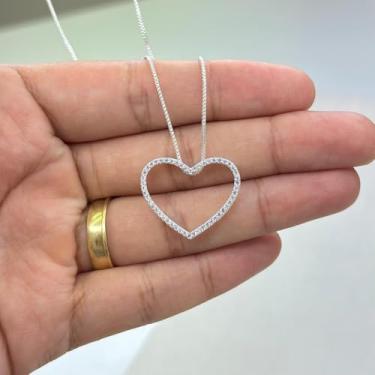 Imagem de Correntinha/gargantilha/colar coração vazado cravejado, banhado a prata 925