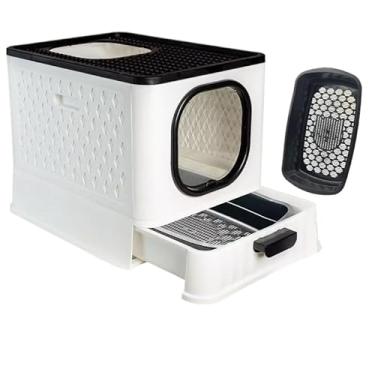 Imagem de Caixa de Areia Fechada Luxo para Gatos - Banheiro Pet com Porta Transparente, Gaveta e 2 Comedouros(SB LUXO - BRANCO)