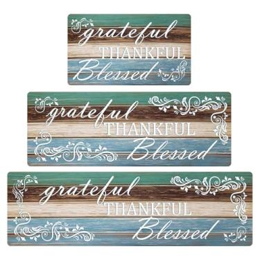 Imagem de Tapetes de cozinha Thankful para chão, 3 peças, tapetes antiderrapantes acolchoados de cozinha com design de grade, tapete confortável à prova d'água tapete de corrida de chef de fazenda para pia