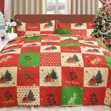 Imagem de ROMROL Conjunto de colcha de Natal, tamanho king, xadrez vermelho, conjunto de edredom de Natal leve, com alces, árvores de Natal, colcha acolchoada com 2 fronhas (228 x 269 cm)