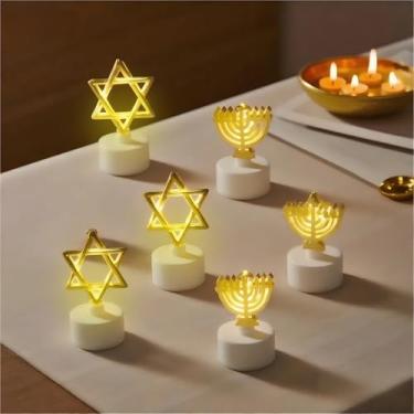 Imagem de 6 peças velas de LED de Hanukkah douradas, luzes de chá sem chama operadas por bateria com brilho quente cintilante, decorações de estrela de Davi judaica para mesa de casa festa Chanucá centro de