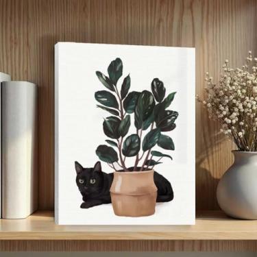 Imagem de Arte de parede emoldurada botânica de gato fofo, folhas verdes, plantas, boho, arte de parede, pinturas, decoração de parede, presentes exclusivos e amantes de gatos, imagem para sala de jantar, sala