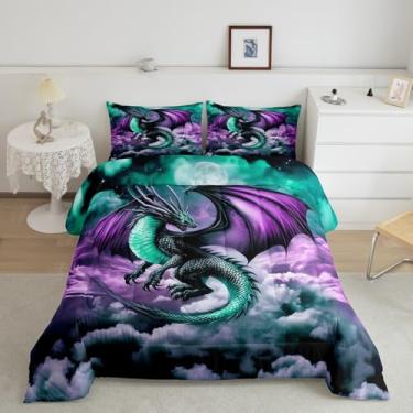 Imagem de Conjunto de edredom com dragão ocidental, roxo e verde, nuvens místicas, lua e céu para quarto de adolescentes, animal antigo 3D, dragão néon, conjunto de colcha mágica, 3 peças com 2 fronhas, casal