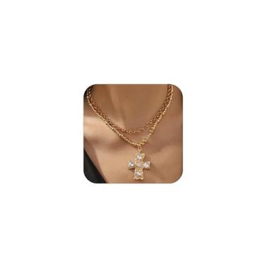 Imagem de OAOSIOH 2 colares de ouro com cruz de cristal grande para mulheres, pingente de cruz grossa de ouro em camadas, pingente de zircão, contas, contas, corrente, gargantilha, joia de presente, Large