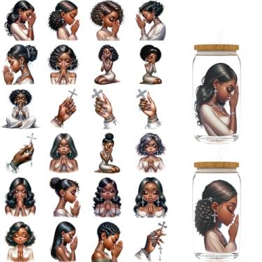 Imagem de DORSBABY Envoltório de copo UV DTF para vidro de 473 ml, 24 folhas rezando meninas negras esfregar em transferências para artesanato, decalques UV DTF adesivos para canecas de café copos