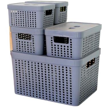 Imagem de Caixa Organizadora, Kit 5 Caixas Organizadoras com Tampa Cesto Grande de Plástico 2 Litros 4,5 Litros 17 Litros(Cinza)