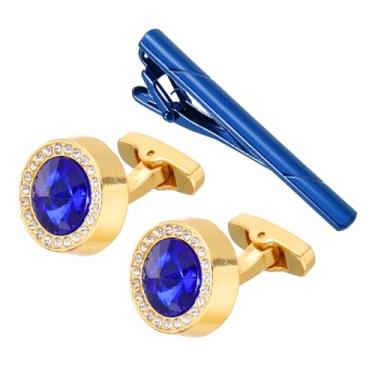 Imagem de PATIKIL Conjunto de abotoaduras de cristal e prendedor de gravata, abotoaduras masculinas de strass redondo e clipes de gravata com caixa para homens, Tom dourado (azul), tamanho �nico