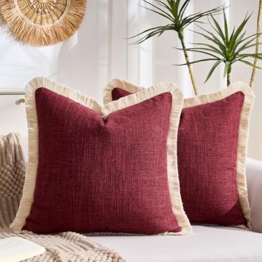Imagem de KWLET Boho Capas de almofada decorativas de linho com franjas 40,6 x 40,6 cm, capas de almofada com borlas macias para sofá, cama, sala de estar, decoração de casa, vinho tinto