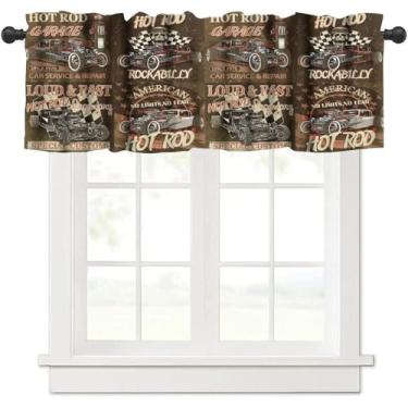 Imagem de Cortina de saia de carro vintage, pôster de garagem estilo retrô, estampa artística de carro de corrida clássico antigo, tratamentos de janela pequena para cozinha, sala de estar, café, decoração de