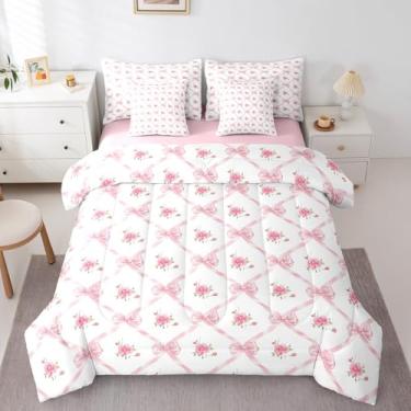 Imagem de Erosebridal Conjunto de cama solteiro com laço rosa e laço rosa, 7 peças, para decoração de quarto de crianças, meninas e adolescentes, lindo canteiro de flores com laço kawaii rosa claro xadrez