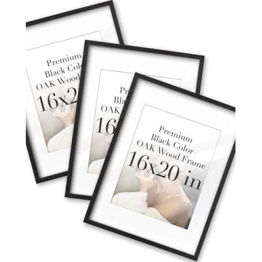 Imagem de iHery Porta-retrato padrão de 40,6 x 50,8 cm de madeira de carvalho verdadeiramente natural de cor preta com 2 tapetes (28 x 38 x 50 cm), fundo espesso de vidro acrílico, molduras minimalistas, borda