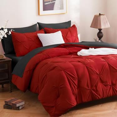 Imagem de DOWNCOOL Conjunto de edredom queen de 7 peças, vermelho e preto, cama de pintuck em uma bolsa, conjunto de cama queen com pregas, microfibra macia para todas as estações, com lençóis, fronhas e