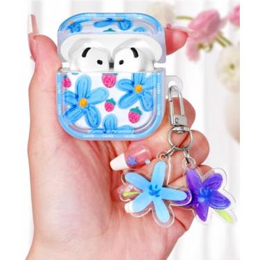 Imagem de Boaretiu Capa para Airpods 4 2024 - Capa fofa Kawaii para mulheres e meninas com chaveiro para AirPods 4ª geração com design de flor azul feminina elegante capa estética bonita para Airpods 4 capa