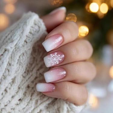 Imagem de 24 peças de unhas postiças quadradas médias de Natal, unhas postiças gradientes rosa e branco, unhas postiças de acrílico francês, cobertura completa com design de floco de neve, unhas reutilizáveis