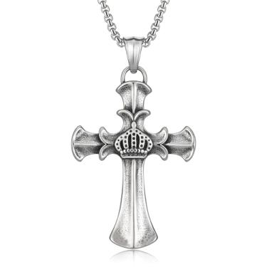 Imagem de HEXALOVA Colar de cruz para homens, pingente de cruz de aço inoxidável prateado com corrente, colar punk gótico, joia cristã gótica para mulheres, Aço inoxidável, Sem Pedra Preciosa