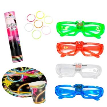 Imagem de Kit Festa Neon Led Pulseiras Com Copos Mais Pratos E Óculos 400 Peças