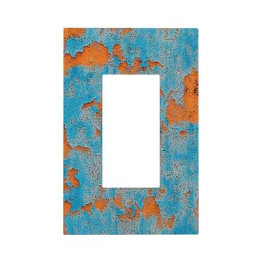 Imagem de JDAKHD Capas de tomada decorativas rústicas azul laranja abstrata 1 gangue capa de interruptor de luz metal ferrugem vintage dispositivo único Gfci Receptáculo placa de parede banheiro quarto