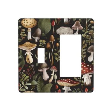 Imagem de JDAKHD Conjunto de placa de parede retrô de cogumelo com 2 gangos e decorador preto vintage floral flor botânica planta botânica casa de fazenda interruptor basculante + capa de tomada Gfci para