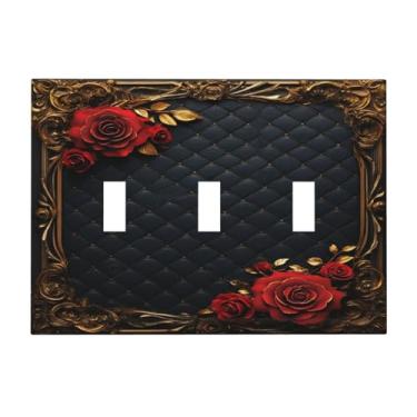 Imagem de Placa de cobertura para interruptor de luz, rosa vermelha, floral, vintage, dourado, barroco, luxo, 3 gangues, interruptores decorativos, placas de parede, placa elétrica para decoração de cabana de