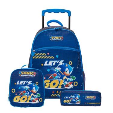 Imagem de Mochila Rodas Lancheira Térmica Estojo Duplo Sonic Let`s Go