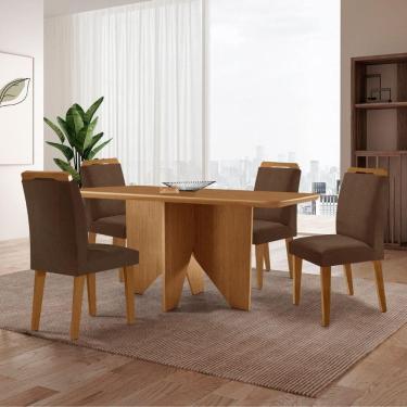 Imagem de Mesa Evora 120 Mdf Canto Copo E Com 4 Cadeiras Athenas Veludo Marrom Naturalle