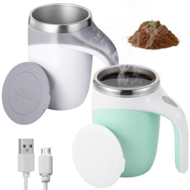 Imagem de Pacote com 2 canecas autoagitáveis, copos elétricos recarregáveis, canecas de café adsorventes automáticas, branco e verde, aço inoxidável, ideal para viagens, presentes