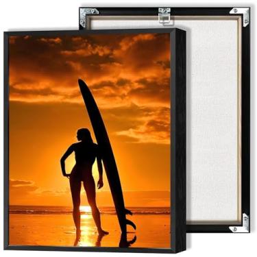 Imagem de Arte de parede na moda pôr do sol surfista prancha de surf verão costa surfista pôsteres em tela Havaí mulheres oceano praia surfe pinturas de arte para casa quarto dormitório decoração de parede 20 x